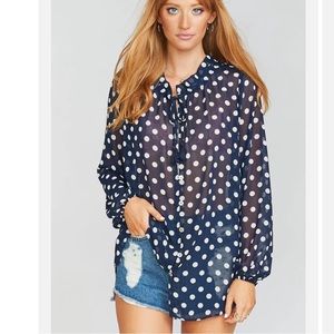 CHICO’S Blue White Polka Dot See though Long Sleeve Blouse Top Shirt
